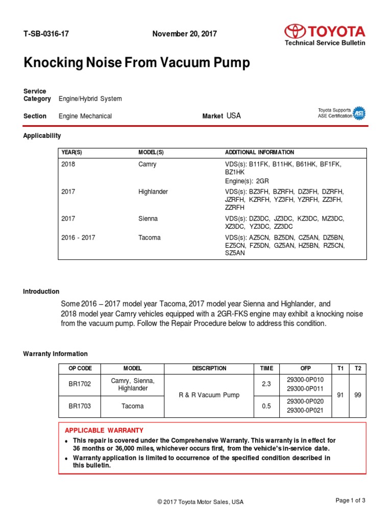 TSB031617 Vacuum Pump Knocking Noise PDF Brake Vehicles