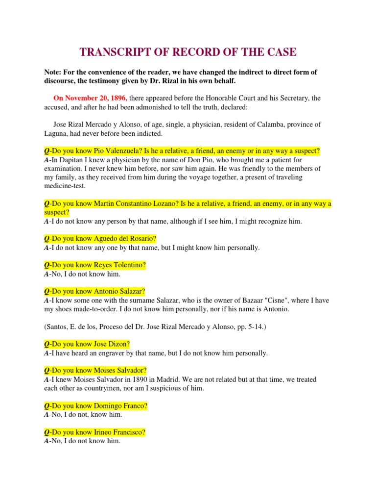 Jose Rizal Case Testimony Transcript | PDF | Philippines | Unrest