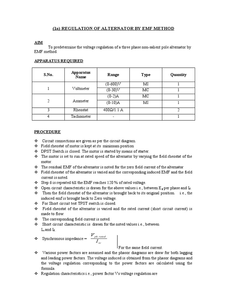 1a.regulation of Alternator by Emf Method PDF PDF Electric Motor