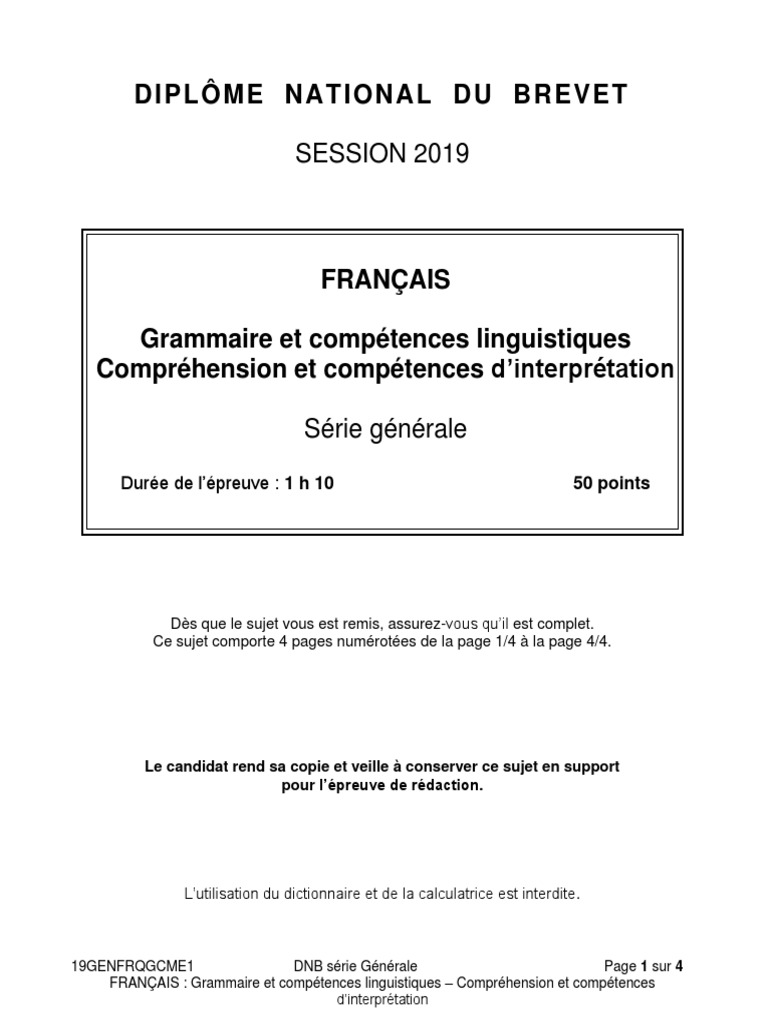 Sujet Brevet Français 2019 Pdf Corrigé Brevet 2019 Generale Grammaire | PDF | La nature