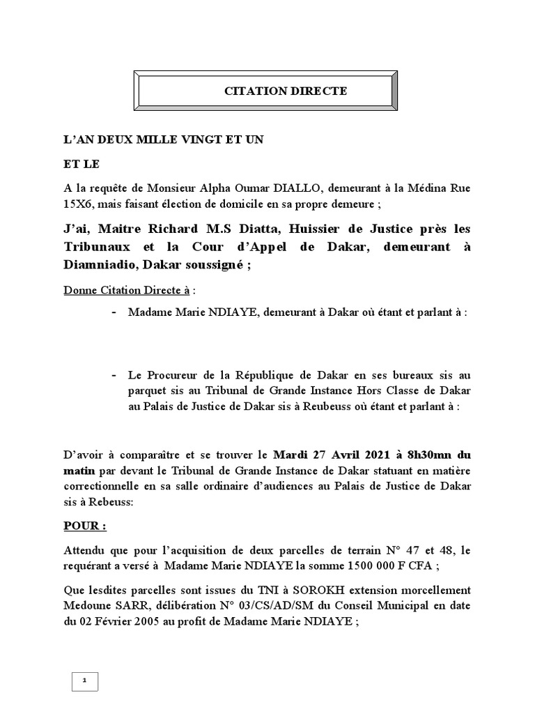 Citation Directe Alpha Diallo Pdf Justice Crime Et Violence