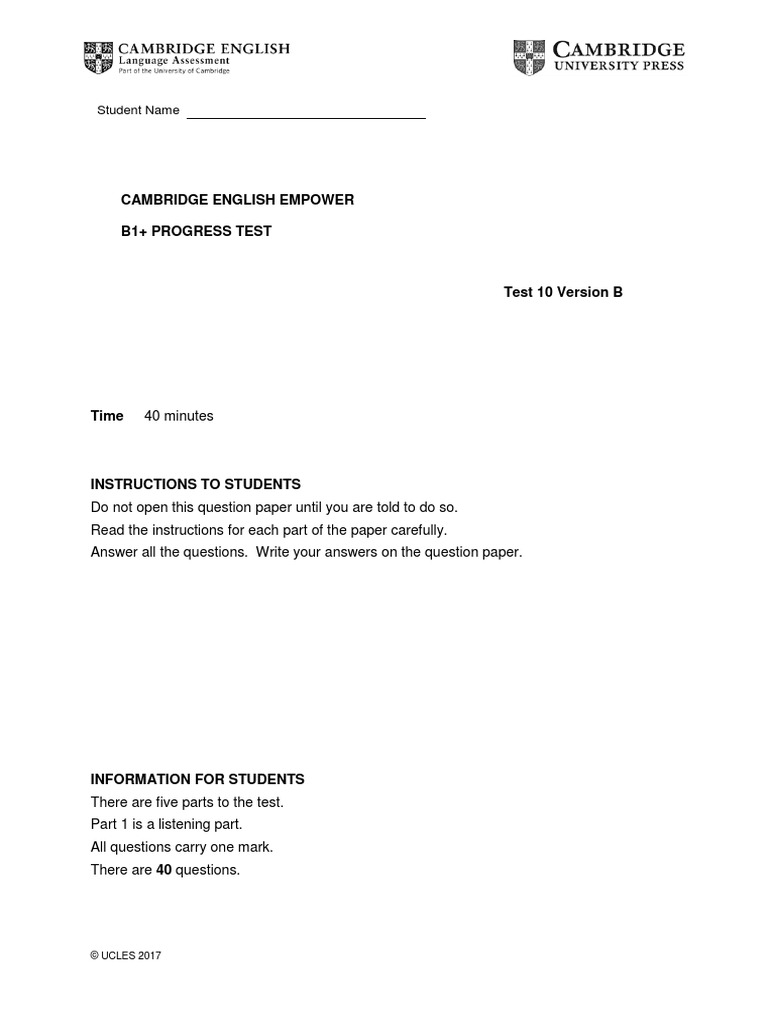 Cambridge English Empower B1+ Progress Test: Student Name | PDF