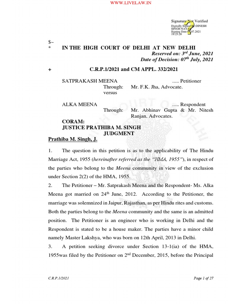 Applicability of Hindu Marriage Act to the Meena Community Examining
