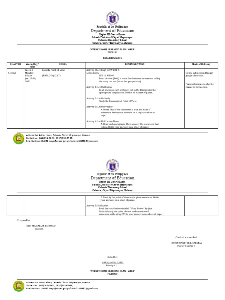 Grade 5 Weekly Learning Plan | PDF | Narration