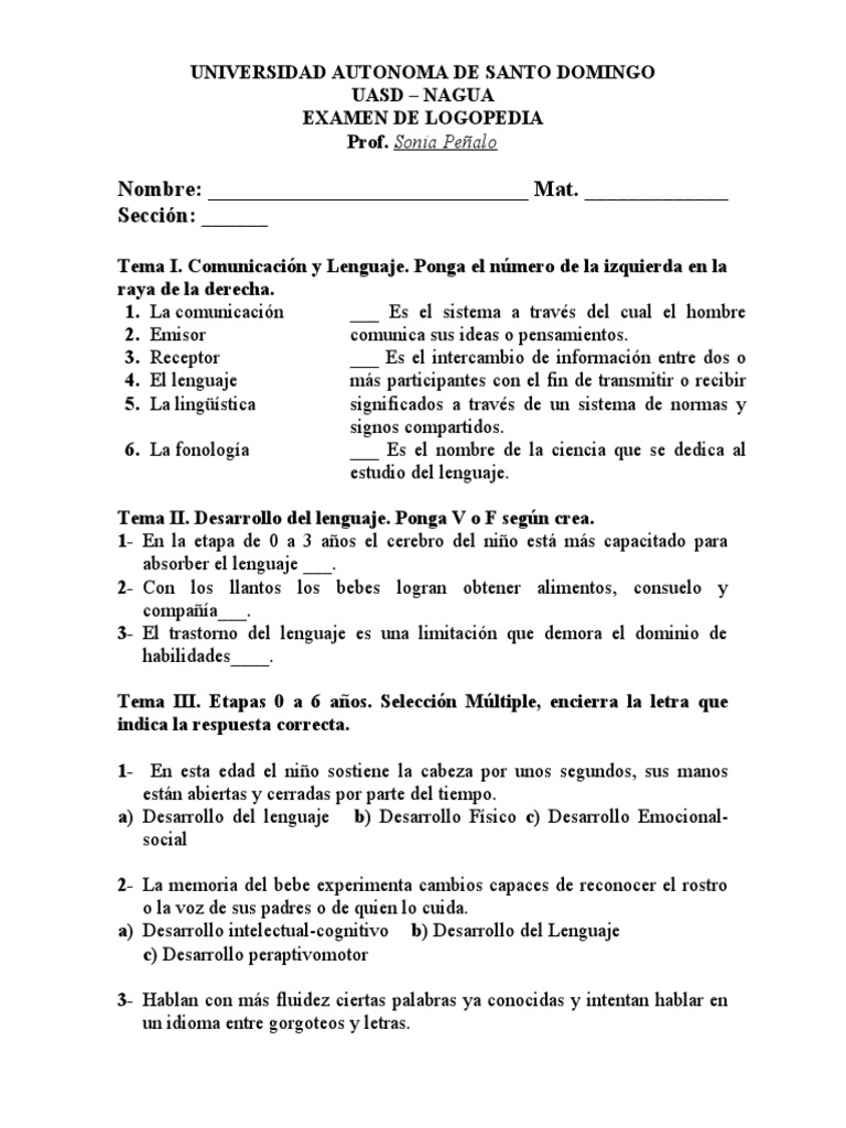 Examen de Logopedia UASD | PDF | Patología del habla y Lenguaje ...