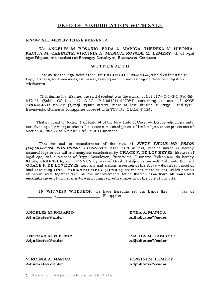 Deed of Adjudication with Sale | PDF | Civil Law (Legal System ...