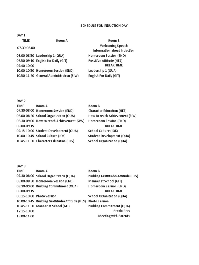Draft Schedule Induction Day Revisi PDF Schools Educational
