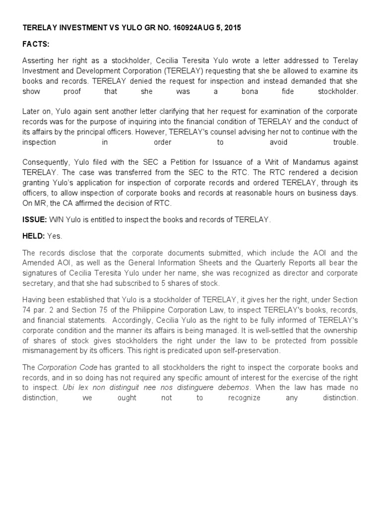 Terelay Investment VS Yulo PDF Corporations Stocks