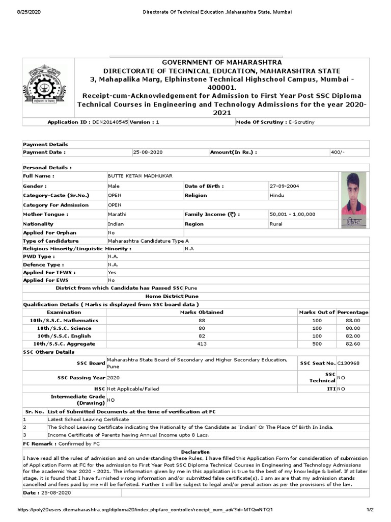 SSC Diploma Admission Acknowledgement 2020 | PDF | Educational Stages ...