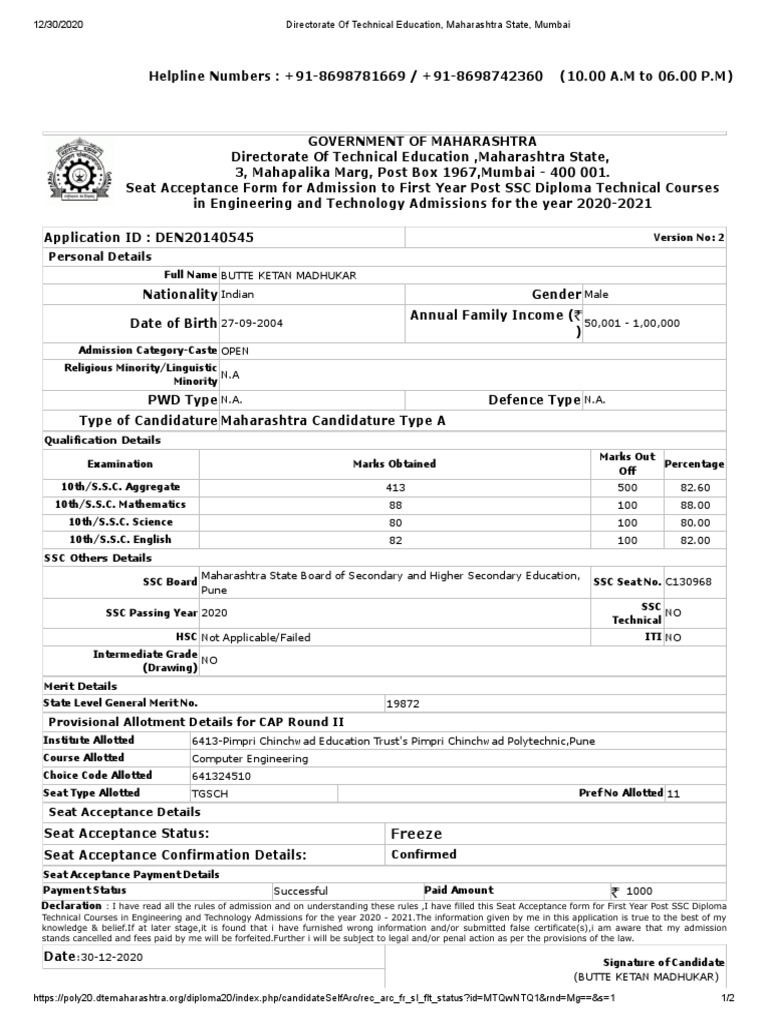 First Year Diploma Cap 2 Seat Acceptance | PDF | Vocational Education ...