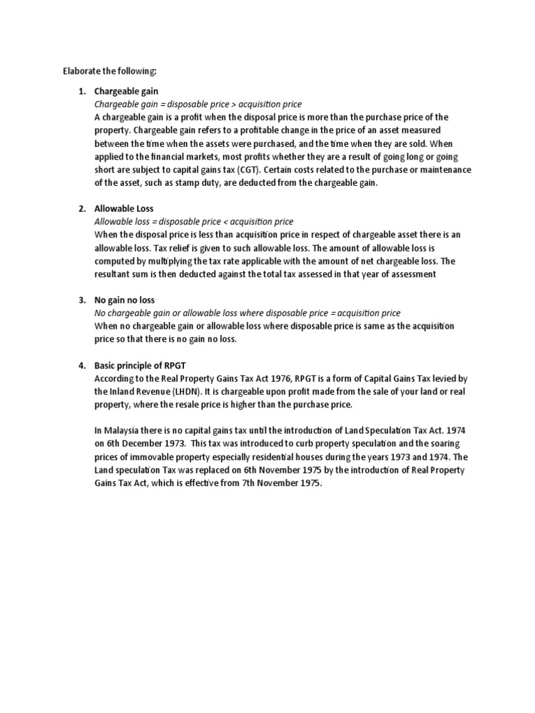 Chargeable Gain Disposable Price Acquisition Price PDF Capital