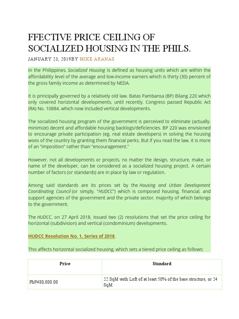 Ffective Price Ceiling of Socialized Housing in The PDF Policy
