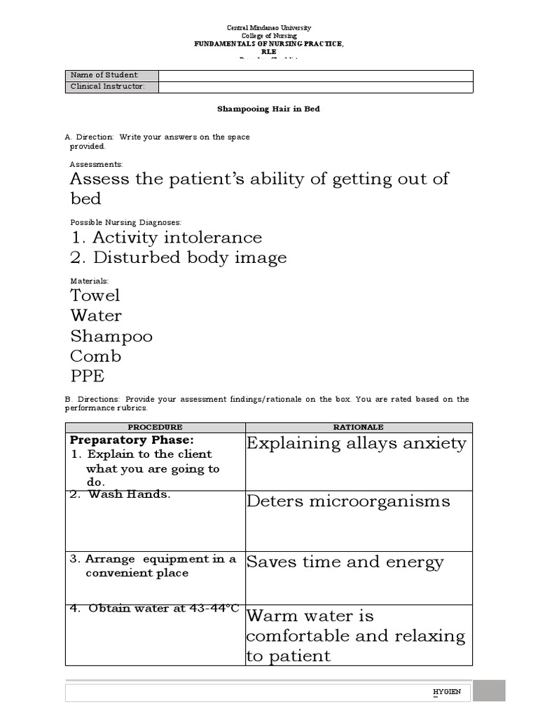 Shampooing Hair in Bed Procedure Checklist PDF Hygiene Shampoo