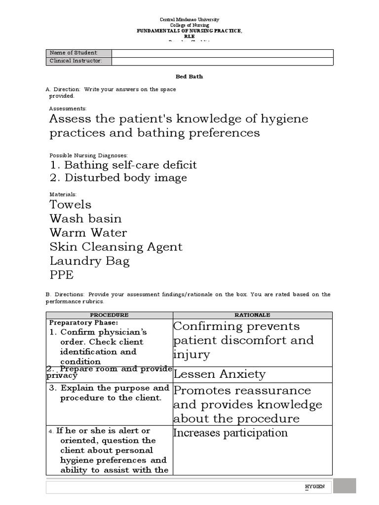 Bed Bath Procedure Checklist PDF Hygiene Massage