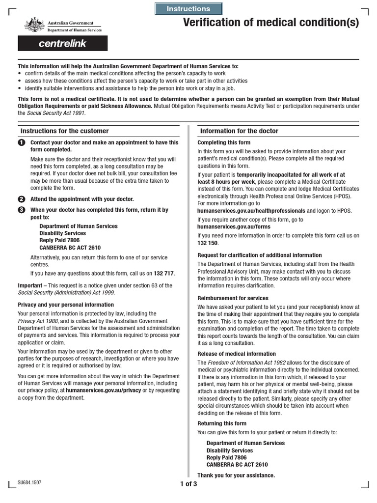 Verification of Medical Condition(s) Instructions For The Customer Information For The Doctor