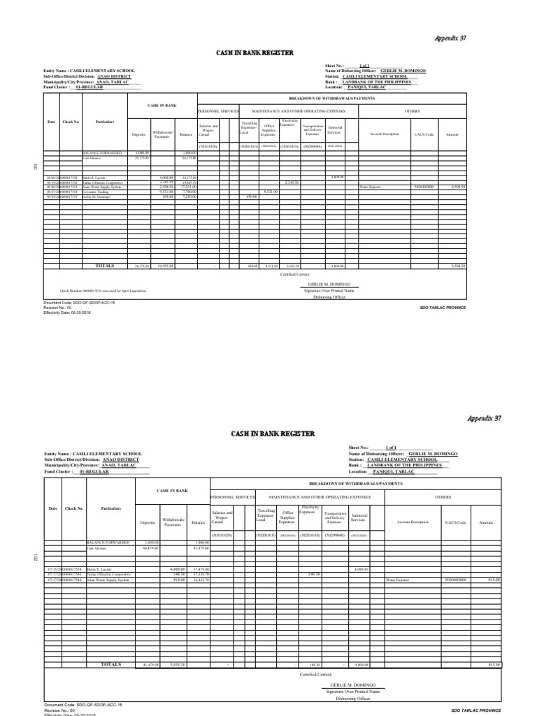 Cash in Bank Register Appendix 37 PDF Cheque Banks