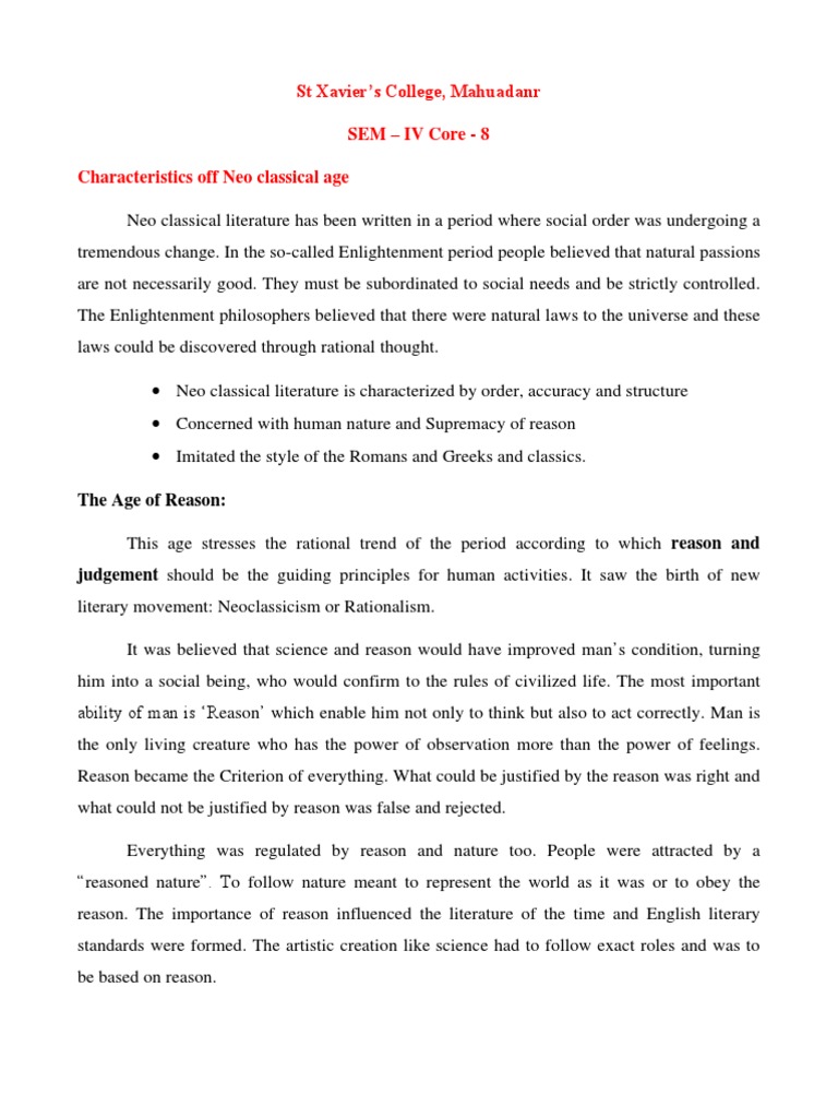 Characteristics of Neo Classical Age PDF Satire Reason