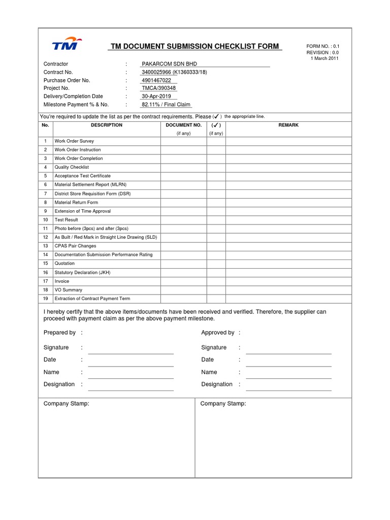 TM Document Submission Checklist Form: No. Description Document No ...
