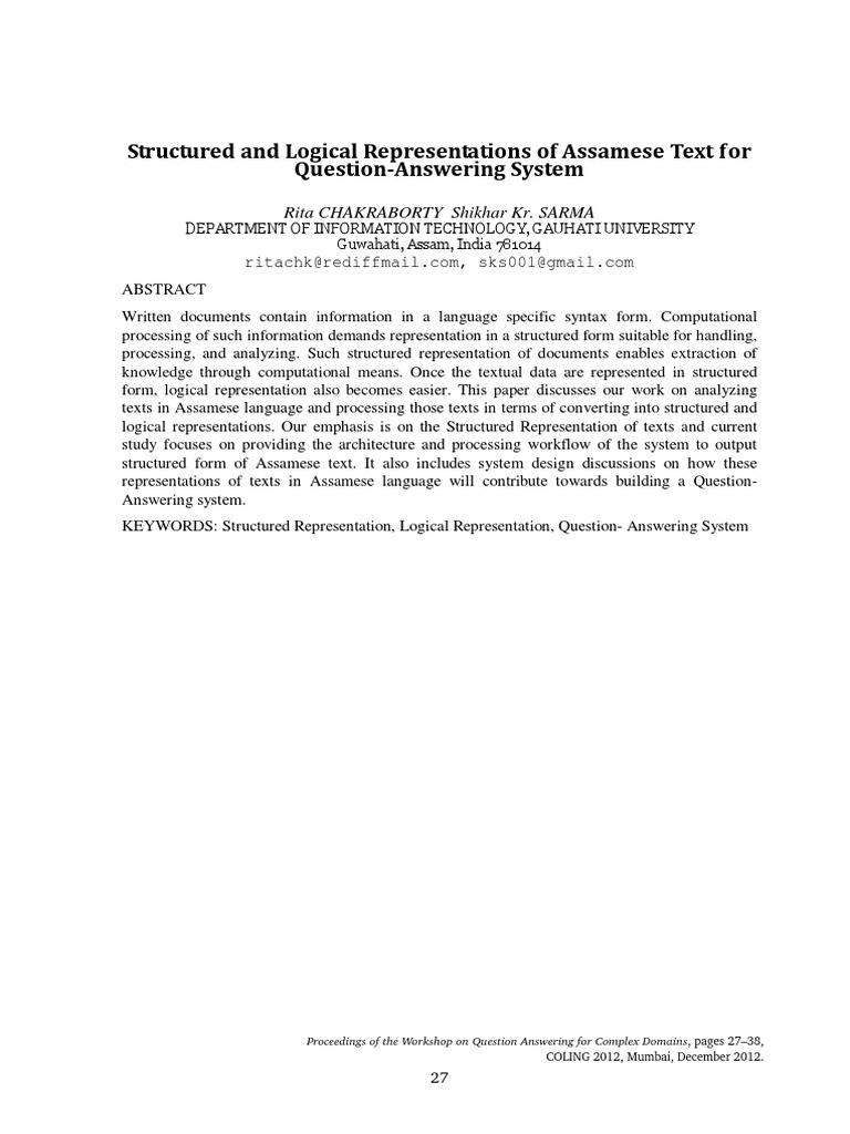 Structured and Logical Representations of Assamese Text For Question ...