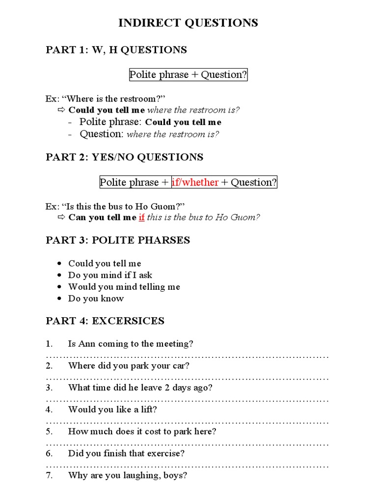 Indirect Questions: Polite Phrase + Question? | PDF | Language Arts ...