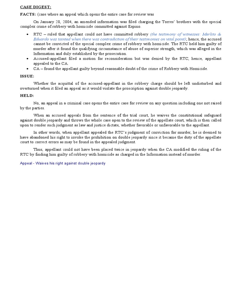 Double Jeopardy in Robbery-Homicide Case | PDF | Double Jeopardy | Witness