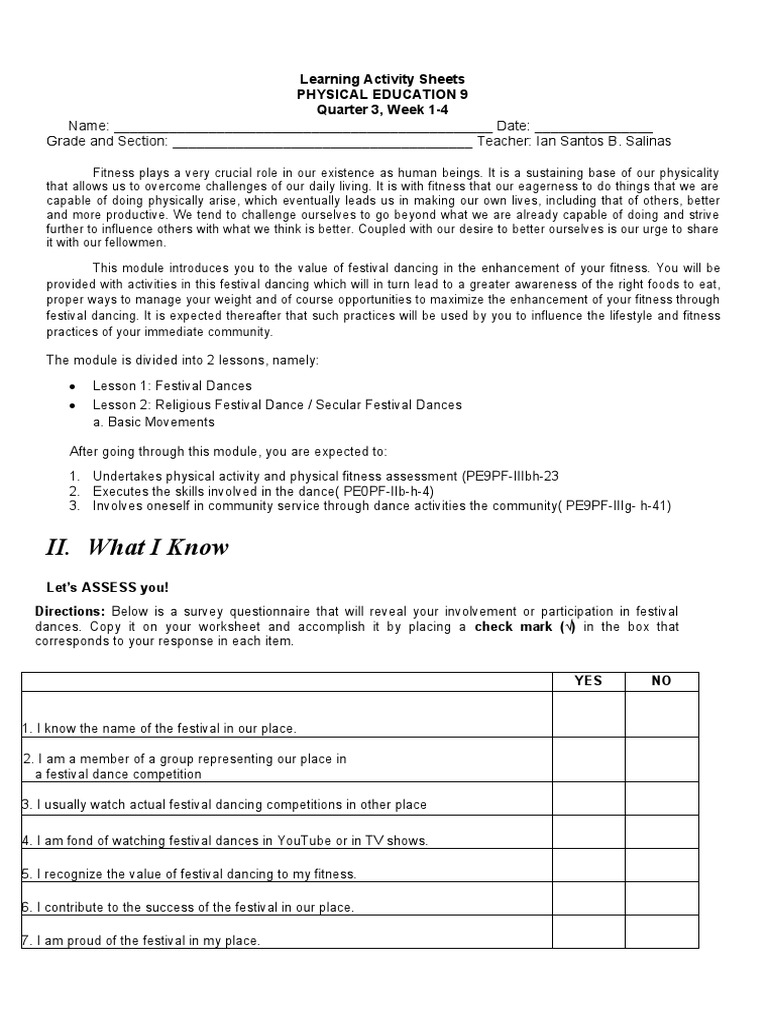 3rd Quarter Grade 9 Pe Learning Activity Sheets Week 1 4 Final Pdf