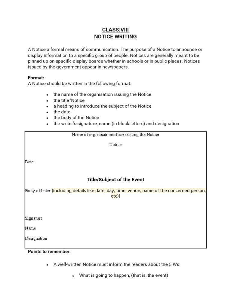 Notice Writing Guide for Class 8 | PDF | Question | Linguistics