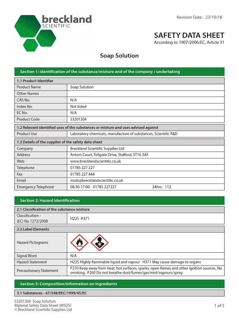 Soap Solution MSDS PDF Dangerous Goods Working Conditions