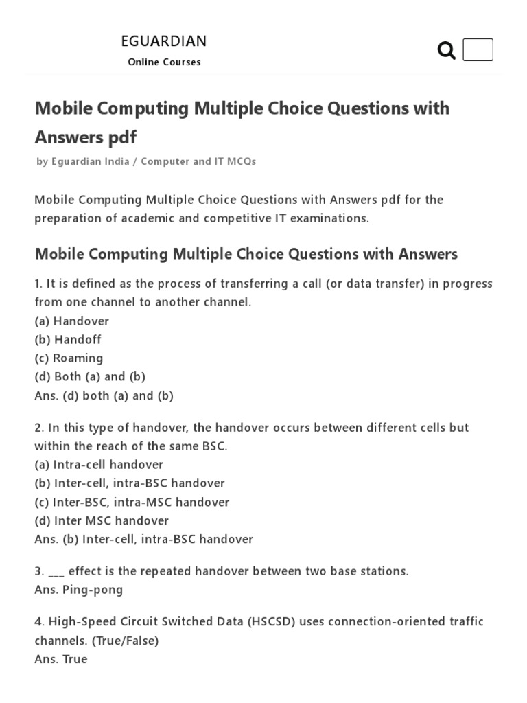 Mobile Computing Multiple Choice Questions With Answers PDF | PDF 
