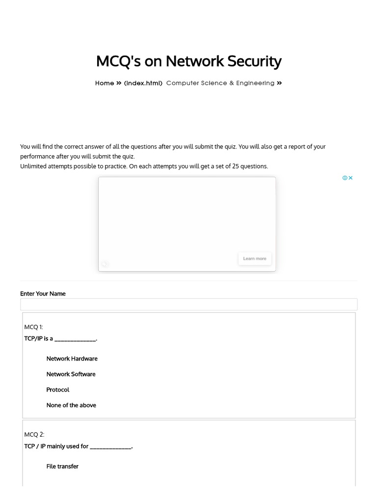 Network Security Multiple Choice Questions and Answers With MCQ PDF