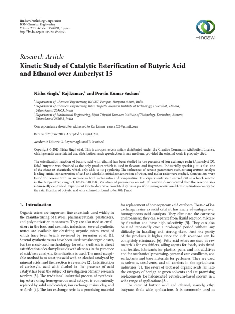 Study of Catalytic Esterification On Butyric Acid and Ethanol