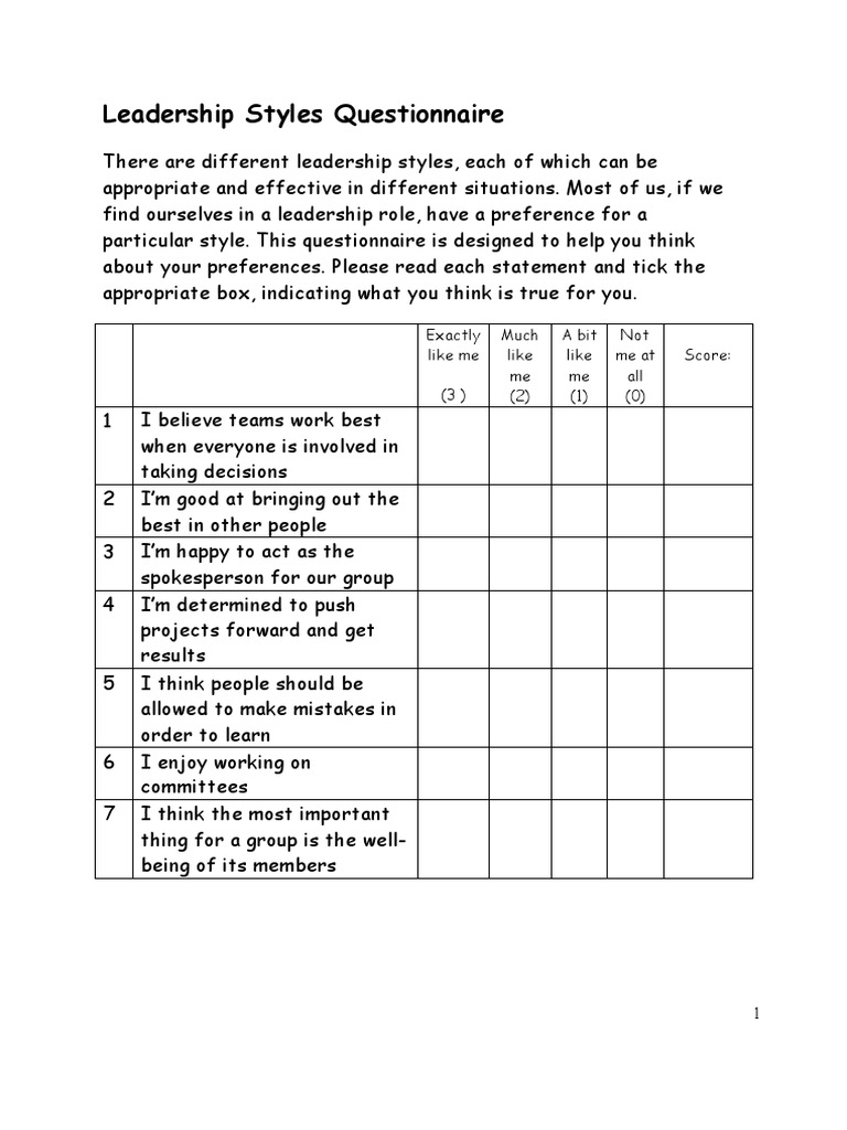 Leadership Styles Self-Assessment Tool | PDF