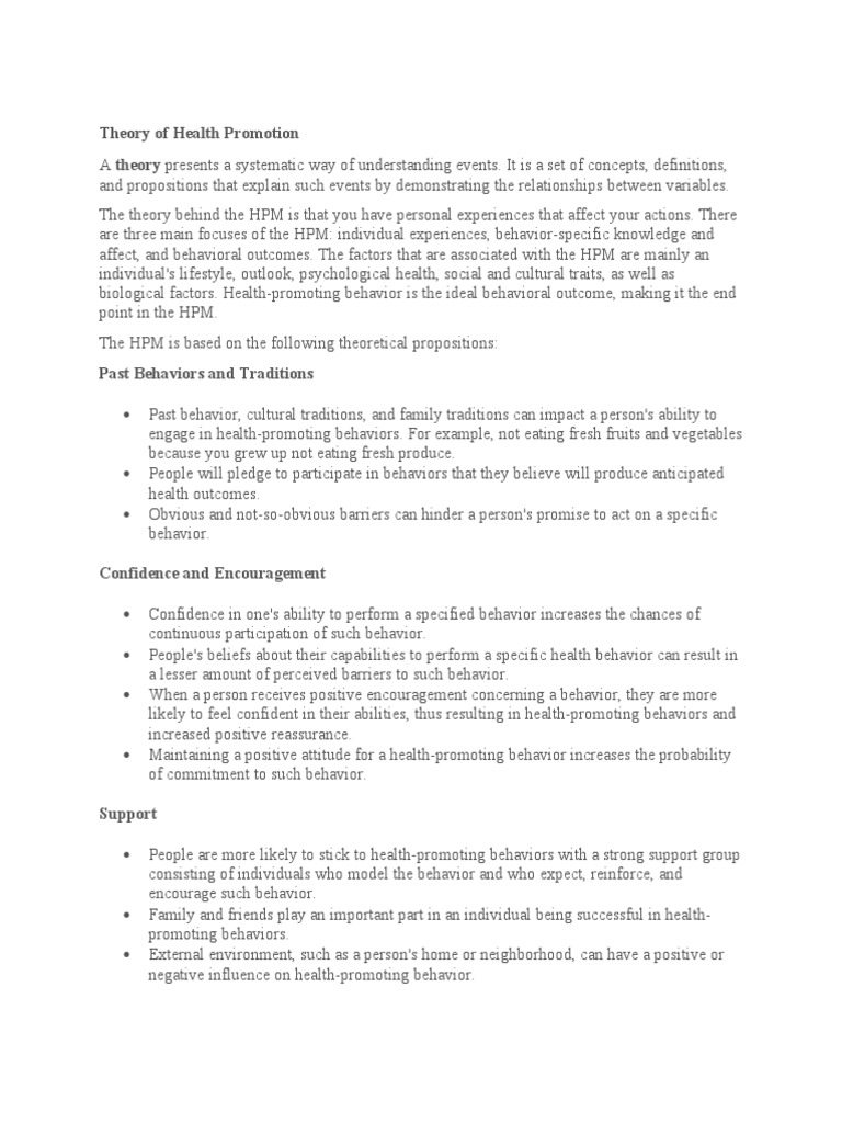 Theory Of Health Promotion Pdf Health Promotion Behavior