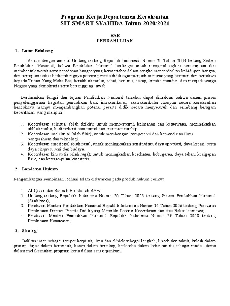 Program Kerja Departemen Kerohanian | PDF