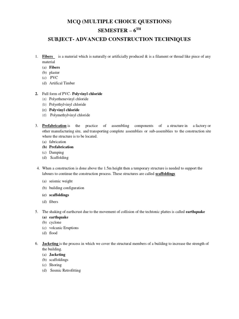 MCQ (Multiple Choice Questions) Semester 6 SubjectAdvanced