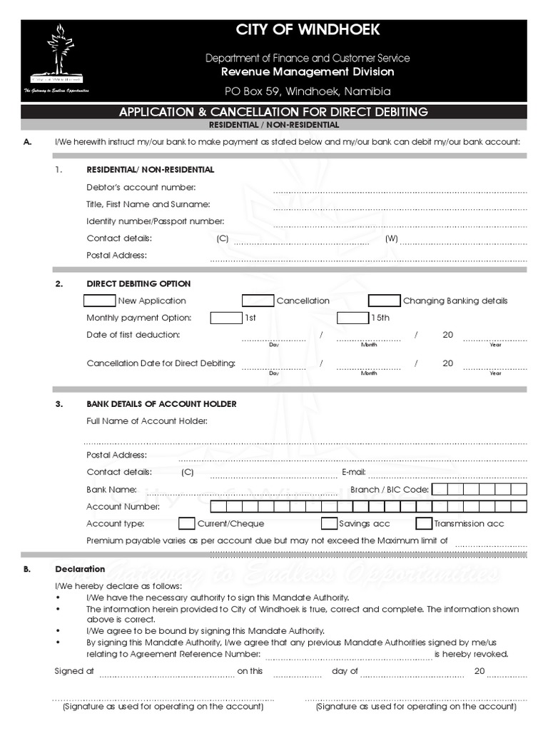 Direct Debit Application for Windhoek | PDF | Payments | Private Law