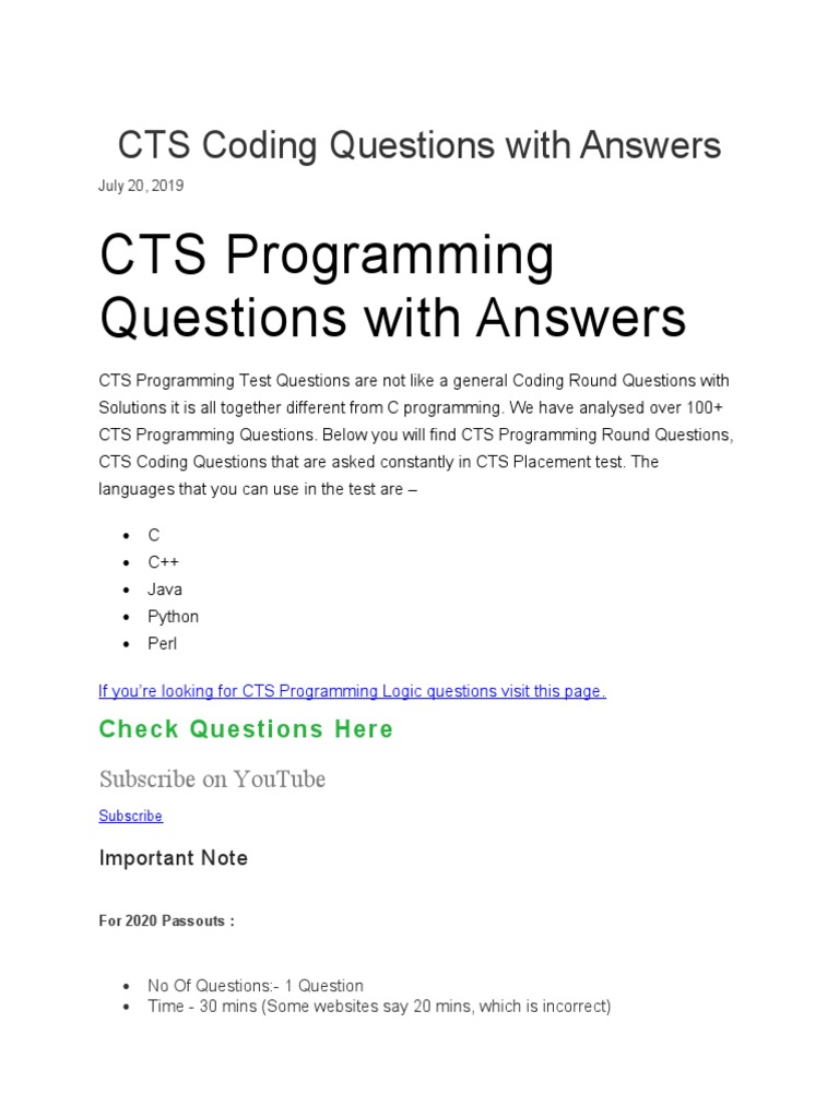 CTS Coding Questions With Answers | Download Free PDF | Software ...