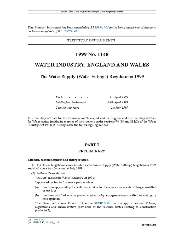 The Water Supply (Water Fittings) Regulations 1999 PDF Water