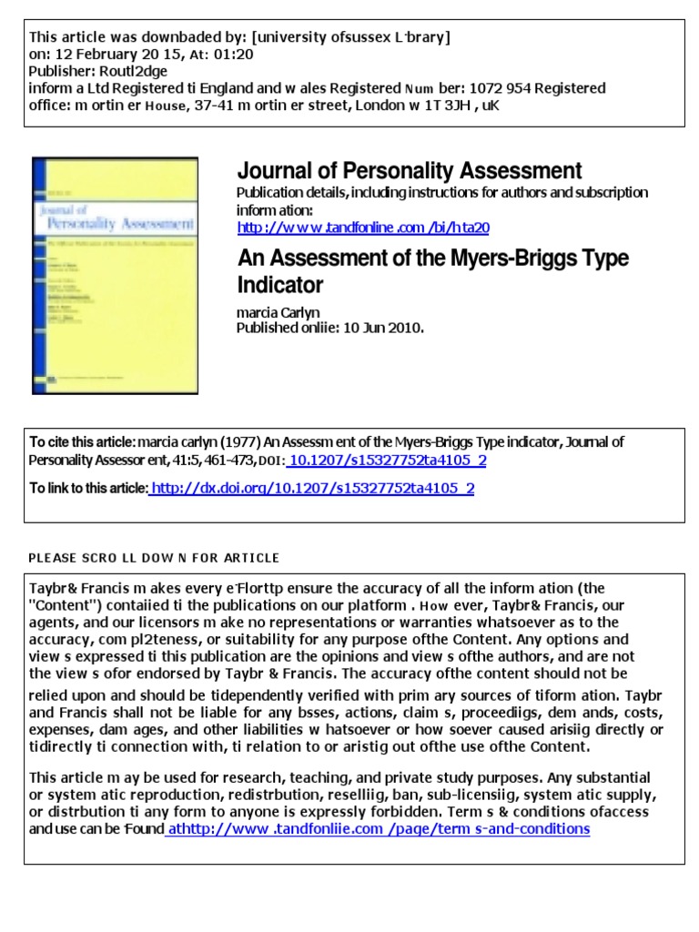 Myers-Briggs Type Indicator Assessment | PDF | Psychological Testing ...