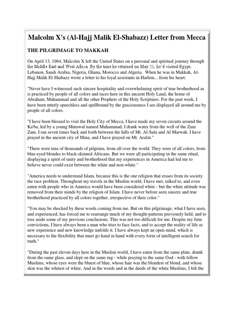 A Revelation in Mecca: How Malcolm X's Pilgrimage Profoundly Changed His  Perspective on Race and Brotherhood | PDF | Hajj | Mecca