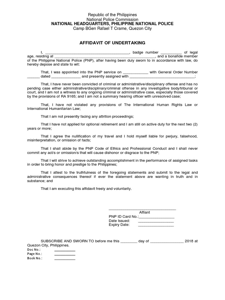PNP Affidavit of Undertaking Template | PDF | Affidavit | Justice