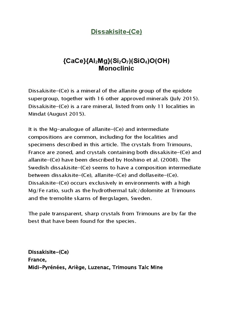 (Cace) (Al MG) (Si O) (Sio) O (Oh) Monoclinic Dissakisite (Ce) PDF