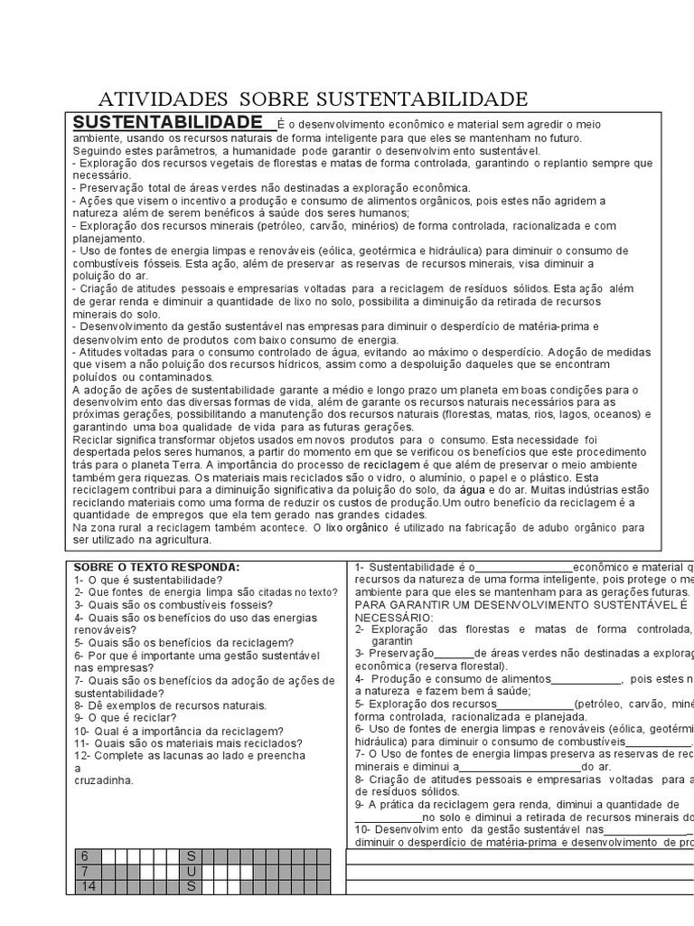 Atividades sobre Sustentabilidade e Reciclagem | PDF | Reciclagem ...