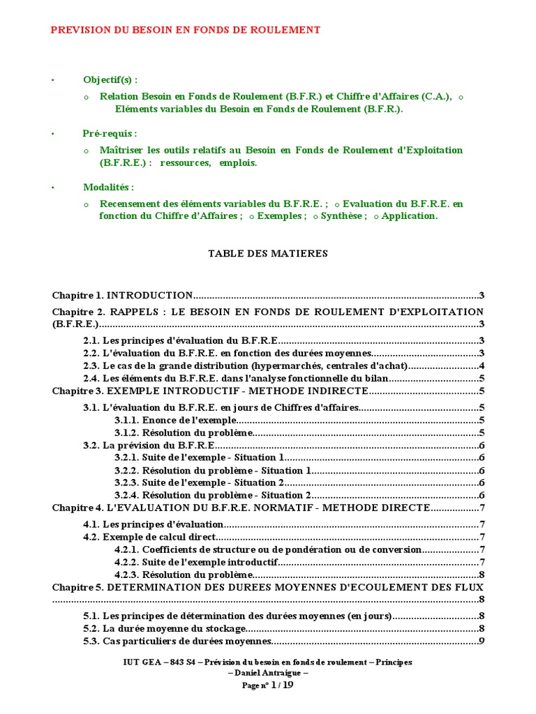 Prévision du Besoin en Fonds de Roulement | PDF | Fonds de roulement ...