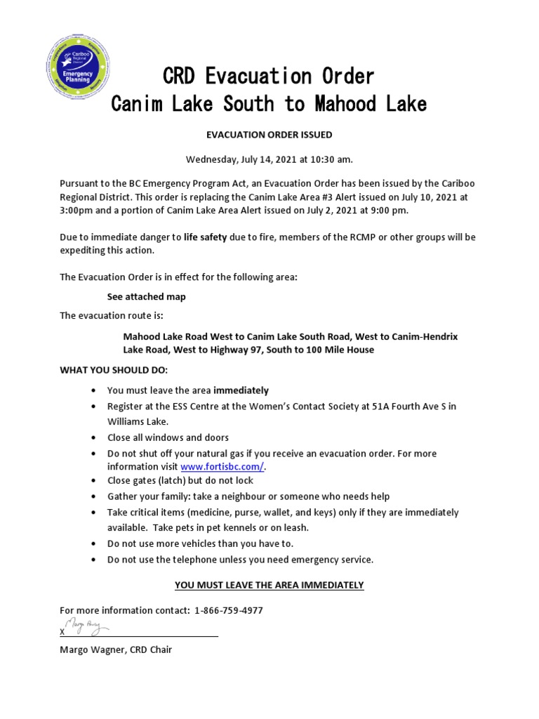 CRD Evacuation Order Canim Lake South To Mahood Lake PDF Computing
