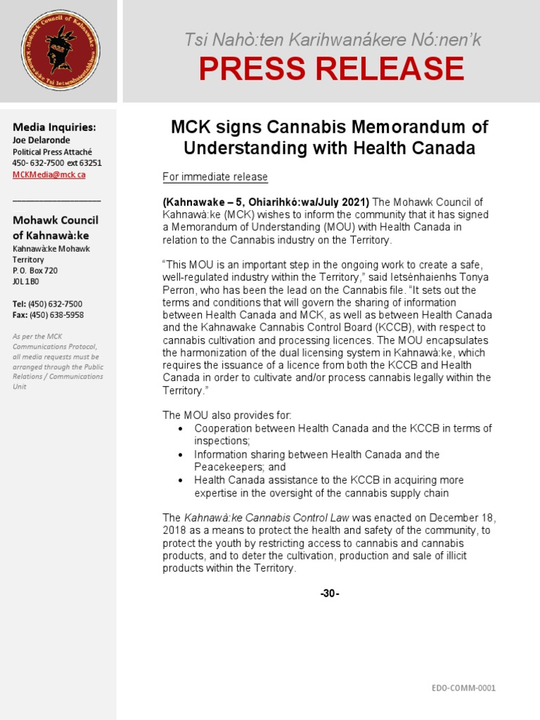 PRESS RELEASE: Mohawk Council of Kahnawà:ke Signs MOU With Health