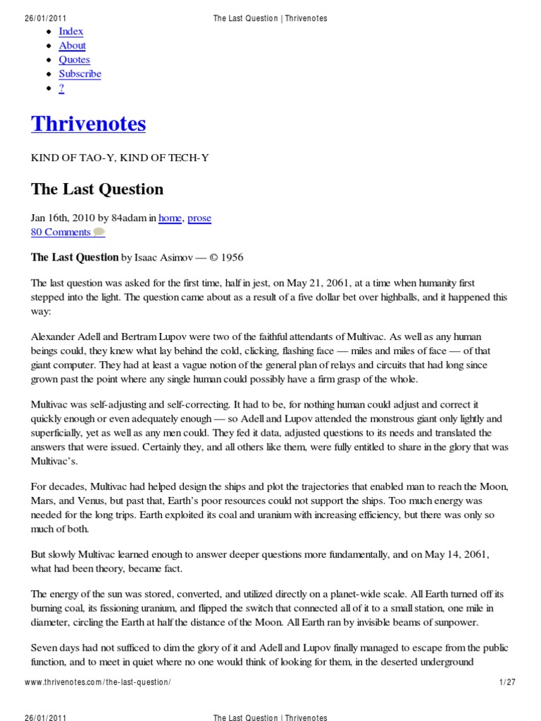 The Last Question Thrivenotes Download Free PDF Galaxy Isaac Asimov