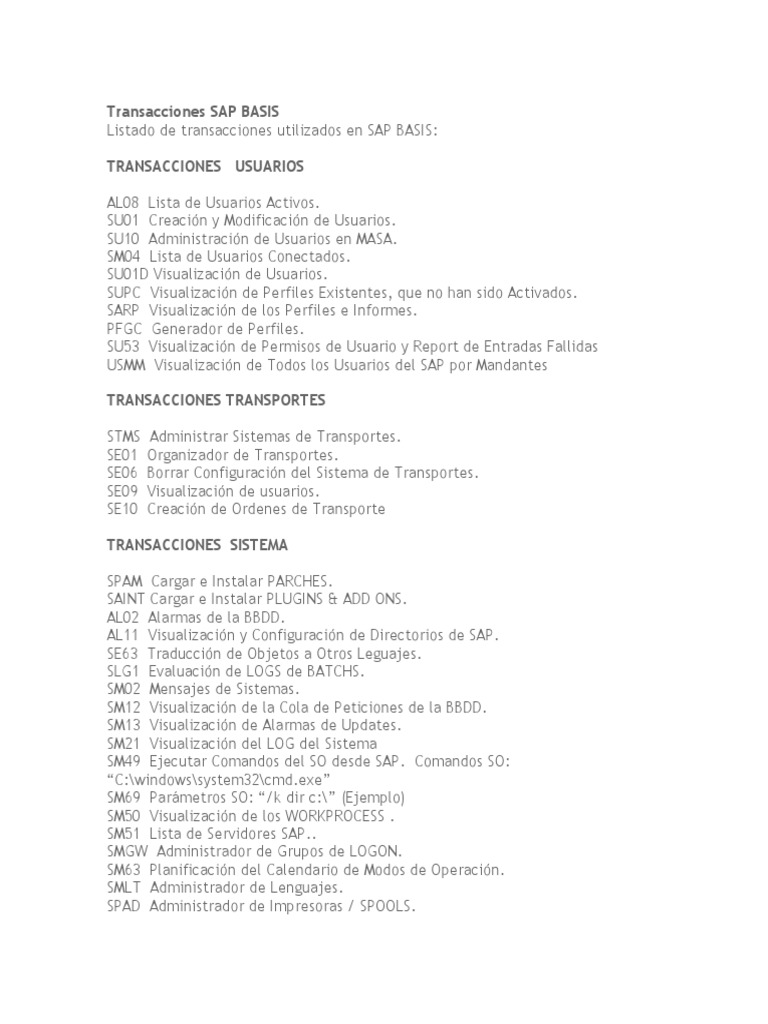 Transacciones SAP BASIS | PDF | Tecnologías de la información | Edad de ...