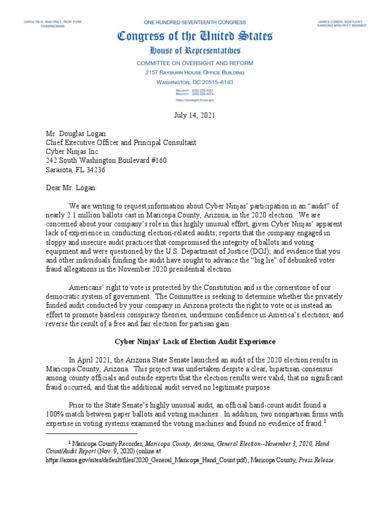 US House Democrats Launch Investigation into Arizona Senate Audit - Send Out Letter Demanding Answers from Cyber Ninjas