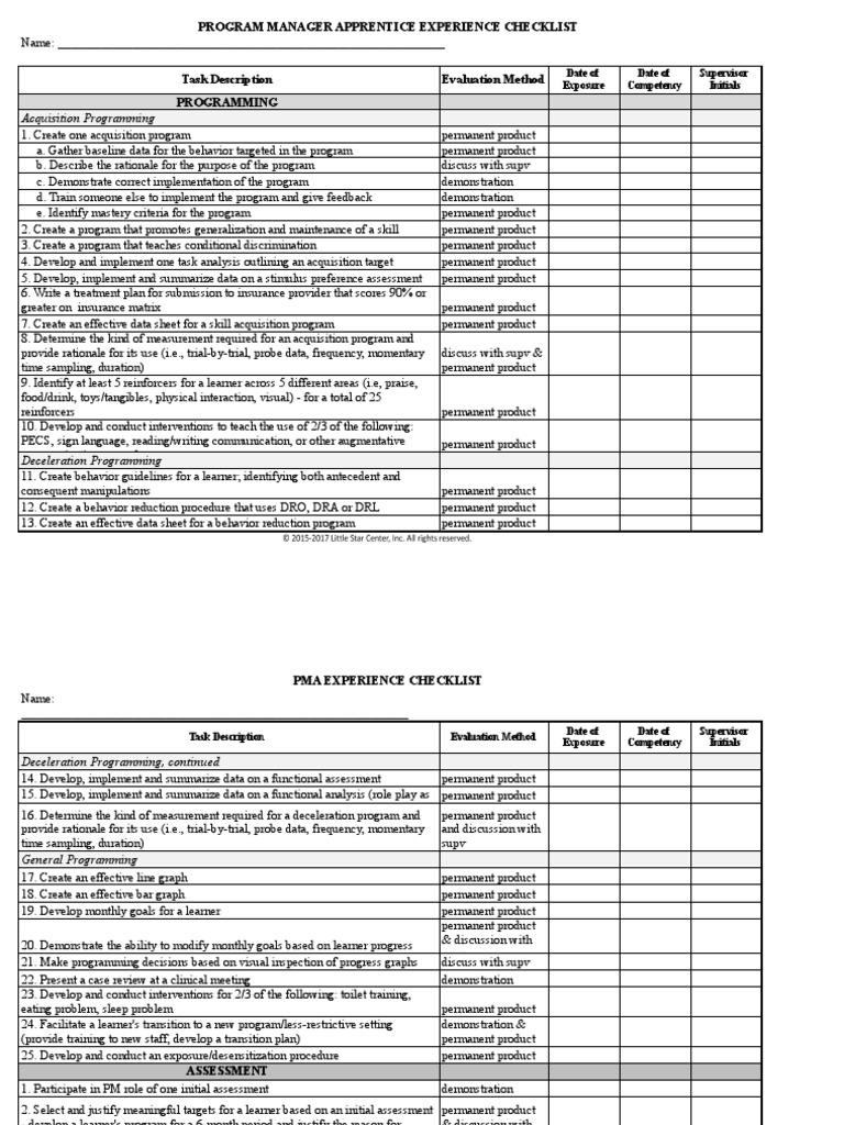Pma experience checklist copyrighted 1 xlsx sheet1 download free